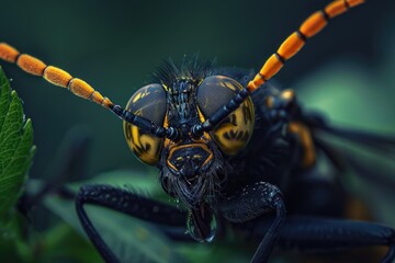 Wall Mural - Close-up photo of a wasp sitting on a leaf