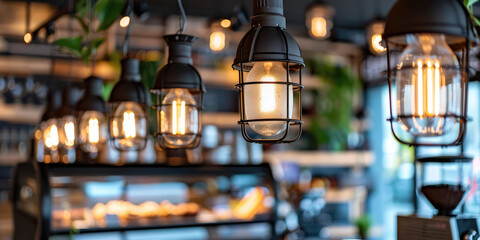 Closeup of hanging lights hanging in a row. Coffee shop interior design with lighting and hanging decorations