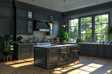 Wall Mural - Grey kitchen interior with island, appliances, sunlight. Design concept. 3D Rendering