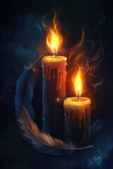 Canvas Print - A pair of burning candles with a feather resting on top, symbolizing passion and creativity