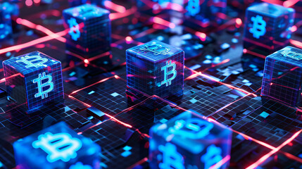 Leinwandbilder - Abstract digital illustration of bitcoins on a circuit grid, symbolizing cryptocurrency technology