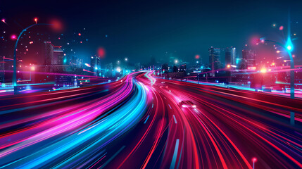 Fototapete - Colorful light trails on a vibrant highway in a modern city at night