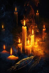 Canvas Print - A group of lit candles sitting on a table, providing warm and cozy ambiance