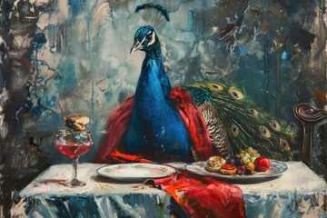 Wall Mural - A colorful peacock perched on a table, its feathers spread out in a vibrant display