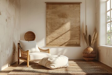 Wall Mural - Home interior mock up, cozy modern room with natural wooden furniture, 3d render