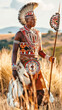 © Issaka - An indigenous african warrior stands tall in a field, dressed in traditional clothing and armed with a spear