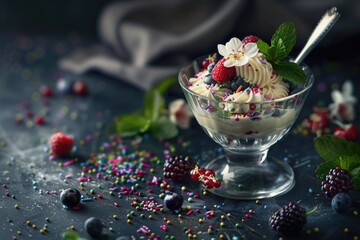 Canvas Print - Fresh fruit and colorful sprinkles decorate this sweet treat in a glass bowl