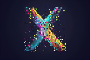A single pixel letter X in bright colors stands out against a dark, mysterious background