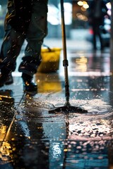 Wall Mural - A person stands on a wet sidewalk holding a broom, ready to sweep away the water