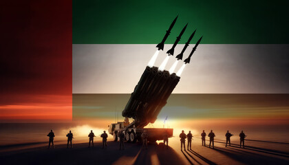 A powerful rocket launcher fires multiple missiles at sunset, with soldiers standing guard and United Arab Emirates flag in the background