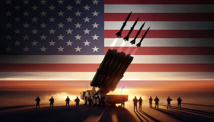 A powerful rocket launcher fires multiple missiles at sunset, with soldiers standing guard and USA flag in the background