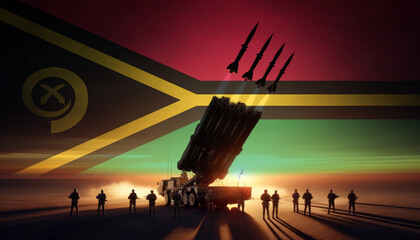 A powerful rocket launcher fires multiple missiles at sunset, with soldiers standing guard and Vanuatu flag in the background