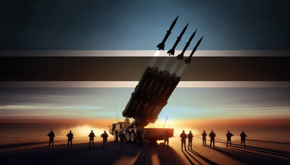 A powerful rocket launcher fires multiple missiles at sunset, with soldiers standing guard and Botswana flag in the background