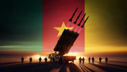 A powerful rocket launcher fires multiple missiles at sunset, with soldiers standing guard and Cameroon flag in the background