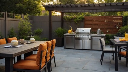 Wall Mural - Contemporary backyard patio with garden, seating, and outdoor cooking area for entertaining.