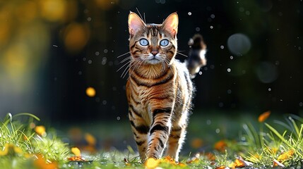 Canvas Print -   A cat walks on grass with blurry trees and flowers in the background