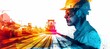 © Iurii - Colorful, artistic depiction of a construction worker wearing a hard hat and safety glasses, standing amidst heavy construction equipment on a work site