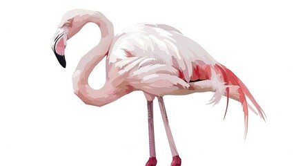 Sticker -   A pink flamingo stands on one leg with its head turned sideways