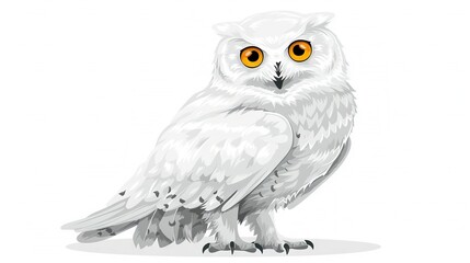 Poster -   A white owl perched alertly on a white backdrop, its yellow eyes scanning the camera