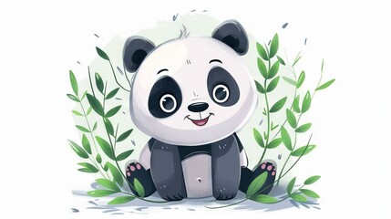 Canvas Print -   A happy panda bear surrounded by leaves in the grass, wearing a serene expression