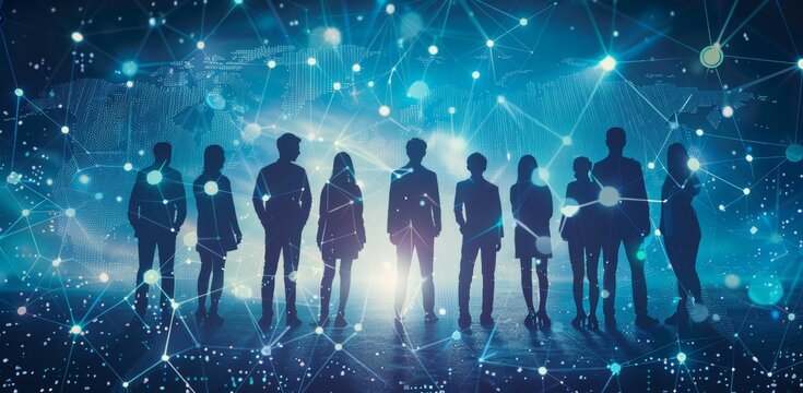 People silhouette. Blue cyber connection of digital partnership. Group of man. Technology network communication. Global management, corporate innovation. Business teamwork