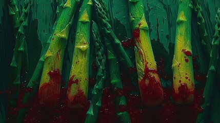 Sticker -   A bloody red asparagus painting with green stem detail