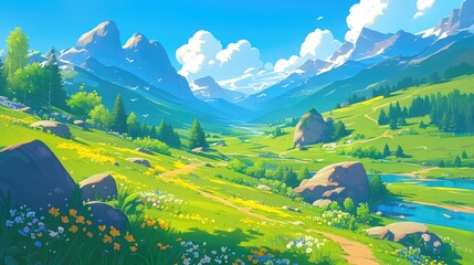 Wall Mural - A charming cartoon 2d illustration captures a tranquil spring scene of lush green fields majestic mountains and a clear blue sky
