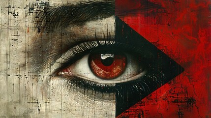 Poster -   A close-up of a painting depicting a person's eye with a red and black triangle centered