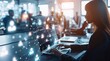 © yj - Futuristic digital screen showing a virtual business network with people icons. A woman is using a computer in the style of a social media concept for human resources or human care. generative AI