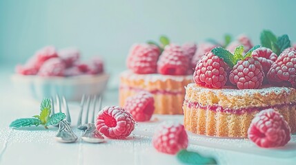   A close-up photo of a cake topped with raspberries, a fork, and a bowl of raspberries nearby