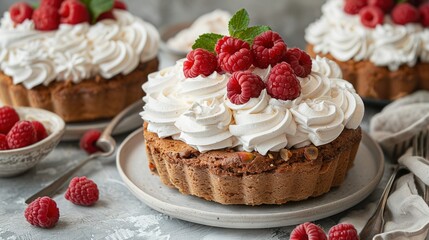 Sticker -   Close-up of a cake with whipped cream and raspberries on a plate alongside raspberries in a bowl