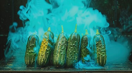 Poster -   Group of cucumbers on grill amidst blue-green smoke cloud