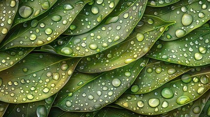 Wall Mural -   Close-up of green leaves with water droplets