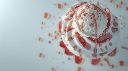 Wall Mural -   A close-up of a cake on a plate with red and white icing and sprinkles on it is visually appealing, especially when it's well-lit It can be