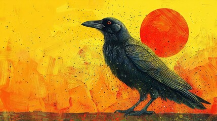 Sticker -   Black bird standing before yellow-orange sky with sun behind