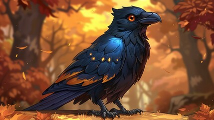 Sticker -   A raven perched atop an orange-yellow foliage ground, surrounded by a dense orange-yellow forest