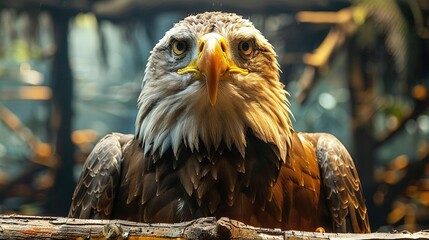 Poster -   A bird of prey in focus on a tree branch amidst blurred background trees and branches