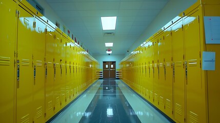 Wall Mural - A row of yellow lockers in a quiet and orderly school hallway