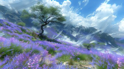 Wall Mural -   A digital painting of a tree on top of a hill with purple blossoms in the front and majestic mountains in the backdrop