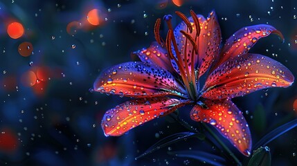 Wall Mural -   A detailed portrait of a flower with dew-kissed petals and a hazy backdrop of vibrant reds and blues