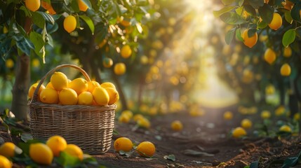 Wall Mural - basket of selected lemons stands on the ground in a citrus orchard.