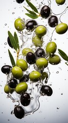 Wall Mural - olives flying on white background. levitation of olives in the air, frozen vertical frame.