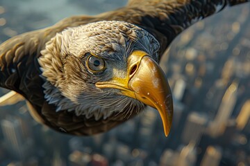 Wall Mural - Eagle is flying over city.