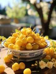 Wall Mural - yellow cherries on a plate on the table, blurred background of an orchard, a pastoral scene of tranquility