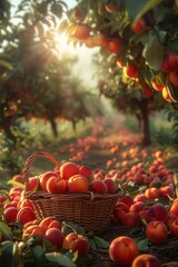 Wall Mural - picking nectarines or peaches in the garden. wicker basket with ripe fruits.