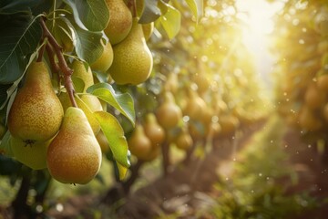 Wall Mural - stunning pear garden with rows of trees, an abundance of yellow ripe pears on branches with green leaves, sunlight passes through the branches