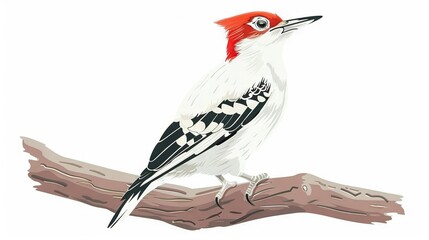 Sticker -   A bird with black and white feathers and a red head perched on a branch, with a branch obstructing its view