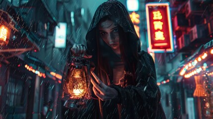 Cyberpunk woman in hooded black