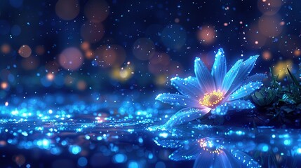 Wall Mural -   Blue flower on water with droplets beneath petals