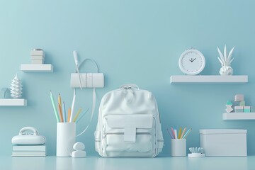 Wall Mural - Contemporary student gear including a 3D white backpack and neatly arranged school supplies on a clean surface